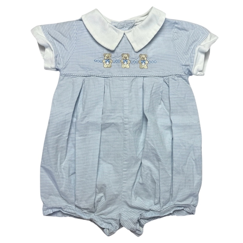 Vintage Alexis Embroidered Teddy Bear Bubble Romper Blue White 9 Mons
